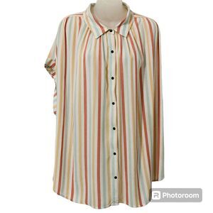 A.N.A. Women 2X Tunic Blouse Button Down Short Sleeve Vertical Stripe Multicolor